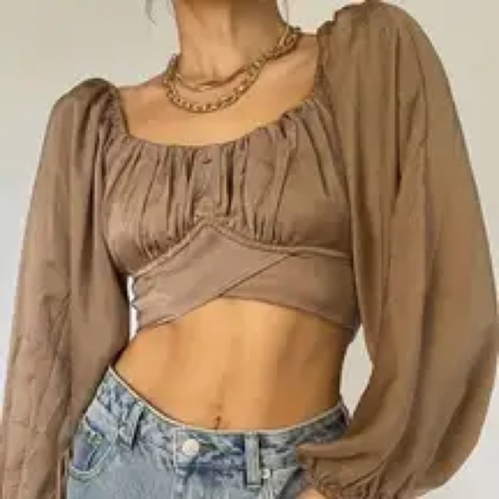 NWT 12th Tribe Satin Long Sleeve Crop Top with Tie Back